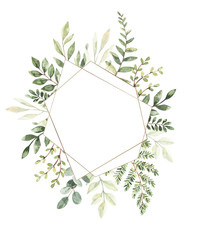 Fototapeta na wymiar Hand drawn watercolor illustration. Botanical composition with gold frame, eucalyptus, branches, fern and leaves. Greenery. Perfect for wedding invitations, cards, prints, posters, packing