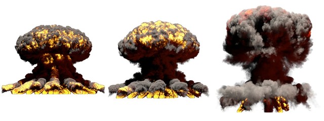 3D illustration of explosion - 3 big different phases fire mushroom cloud explosion of fusion bomb with smoke and flame isolated on white