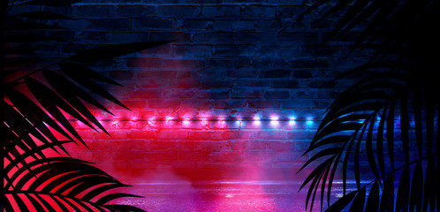 Background of the dark room, tunnel, corridor, neon light, lamps, tropical leaves. Abstract background with new light.