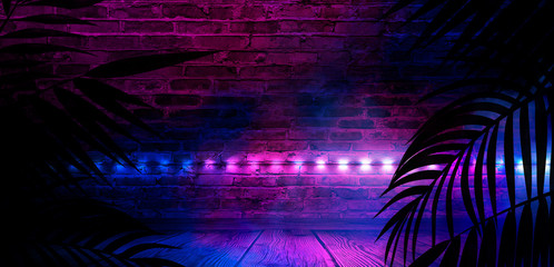 Background of the dark room, tunnel, corridor, neon light, lamps, tropical leaves. Abstract...