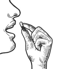 Man takes pill medication sketch engraving vector illustration. Scratch board style imitation. Black and white hand drawn image.