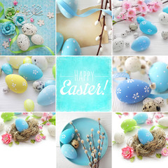 colorful easter eggs and spring flowers. collage