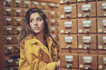 portrait of young woman have fun in a  Library colorated in Berlin by #tigerraw