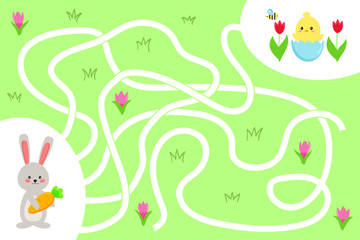 Maze game for preschool kids. Help the rabbit find right way to the his friend chick in eggshell. Spring theme. Vector illustration.