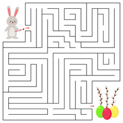 Maze game for preschool kids. Help the rabbit with brush find right way to the Easter eggs. Vector illustration.