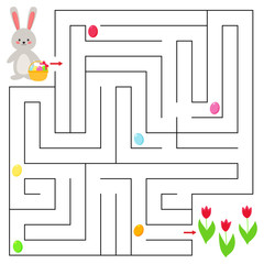 Maze game for preschool kids. Egg hunt. Help the rabbit find all Easter eggs. Vector illustration.