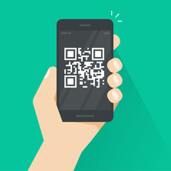QR code on smartphone screen vector illustration, flat cartoon mobile phone with bar code tech, concept of cellphone technology isolated clipart