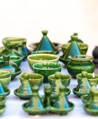 Traditional Moroccan market with souvenirs. Handmade ceramic