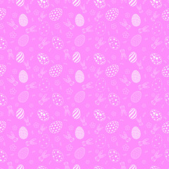 Seamless pattern with flowers, rabbit, and easter eggs on color background. Easter holiday background for logo, banner, post. Happy Easter day