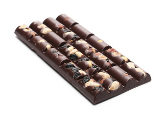 Chocolate bars with blueberries, hazelnuts and almonds isolated on white background