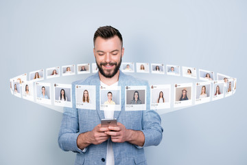 Close up photo interested he him his guy hold telephone addicted community mane friends trend addiction illustration pictures girls dating site futuristic creative design isolated grey background