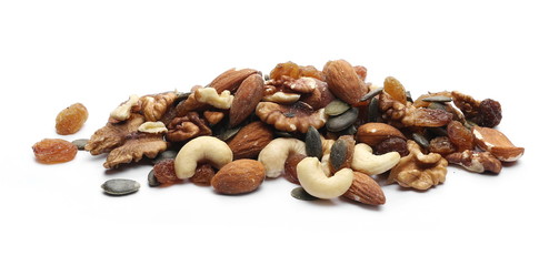 Naklejka premium Organic snack, food mix, dried raisins, almonds, pumpkin seeds, indian and brazilian walnuts isolated on white background