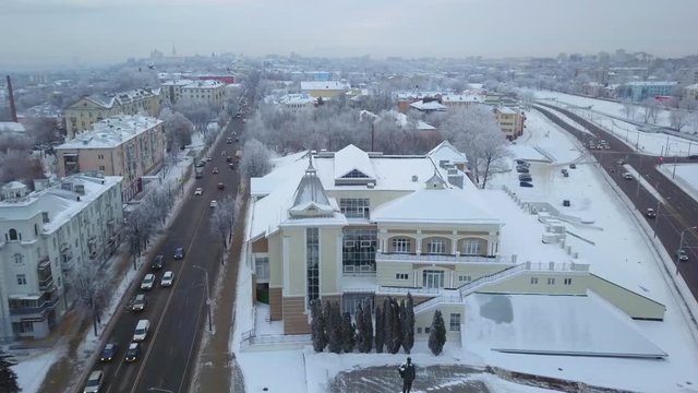 Flight over city of Vladimir, Russia. View of Bolshaya Nizhegorodskaya street