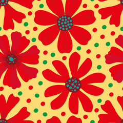 Hand drawn red, green and blue blooming flowers on yellow green polka dot background. Seamless vector pattern. Great for wellbeing, yoga, organic, garden products, home decor gift wrap, stationery