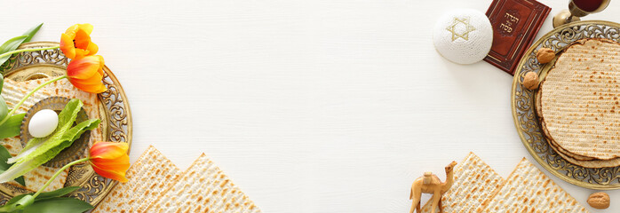 Pesah celebration concept (jewish Passover holiday). Top view, flat lay