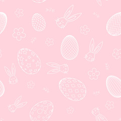 Seamless pattern with flowers, rabbit, and easter eggs on color background. Easter holiday background for logo, banner, post. Happy Easter day