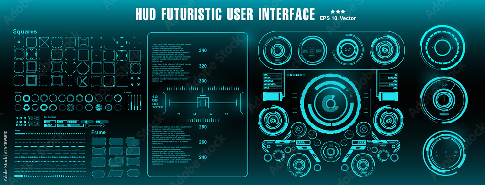 Poster hud elements mega set pack. dashboard green display virtual reality technology screen.