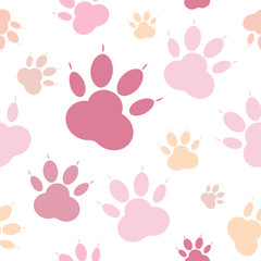 Paw pattern, seamless vector pattern silhouettes of paw, cat's feet, dog's footprint. Pastel pink on a transparent background background. Nude, flesh-colored seamless vector pattern without background