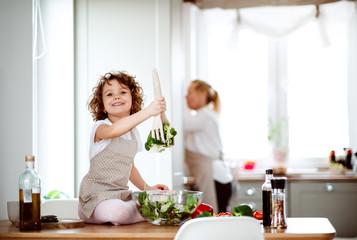 A portrait of small girl with grandmother at home, preparing vegetable salad.