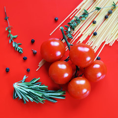 Spaghetti, thyme, tomatoes and rosemary