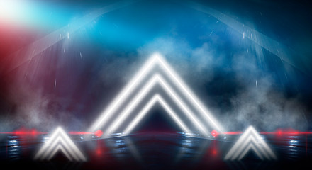 Background wall with neon lines and rays. Background of an empty dark corridor, parking, airport with neon light. Abstract background with lines and glow. Wet asphalt, the reflection of neon lights in