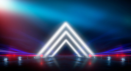 Background wall with neon lines and rays. Background of an empty dark corridor, parking, airport with neon light. Abstract background with lines and glow. Wet asphalt, the reflection of neon lights in