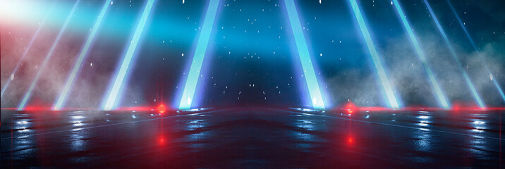 Background wall with neon lines and rays. Background of an empty dark corridor, parking, airport with neon light. Abstract background with lines and glow. Wet asphalt, the reflection of neon lights in