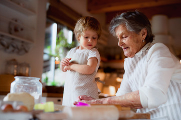 Senior grandmother with small toddler boy making cakes at home.