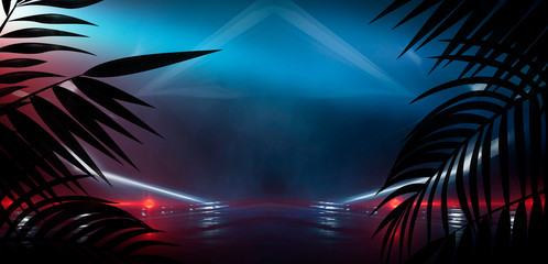 Background of the dark room, tunnel, corridor, neon light, lamps, tropical leaves. Abstract background with new light.