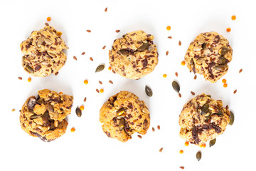 Healthy food concept Homemade Trail Mix organic Whole grains Energy cookies on white background with copy space
