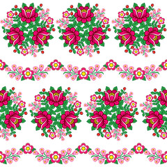 Seamless floral Polish folk art vector pattern, cute traditional ornaments with flowers from Zalipie, Poland - textile, wallpaper design