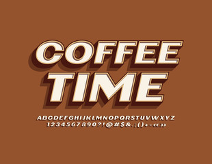Vector stilish Emblem Coffee Time. Vintage Alphabet, Numbers and Symbols. Bright 3D Font.