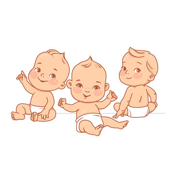 Cute little babies in diaper sitting together. Happy children. Girls and boys smiling waving hands, pointing.  Coloring page. Outlines. Monochrome. Vector illustration isolated on white background.