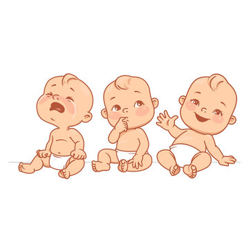 Set of baby emotion portraits. Cartoon little babies 6-12 months, in diapers, laughing, crying, curious baby. Sad, happy, thoughtful kid. Sketchy style.  Colorful vector  illustration isolated.