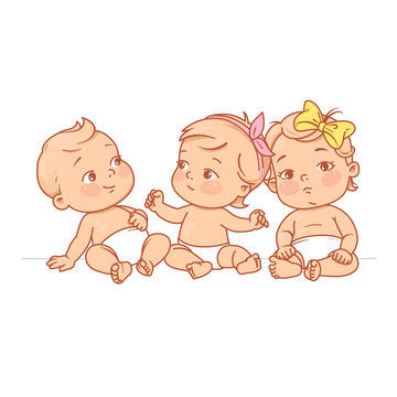 Cute little babies in diaper sitting together. Happy children. Girls and boys smiling waving hands, pointing.  Vector illustration isolated on white background.