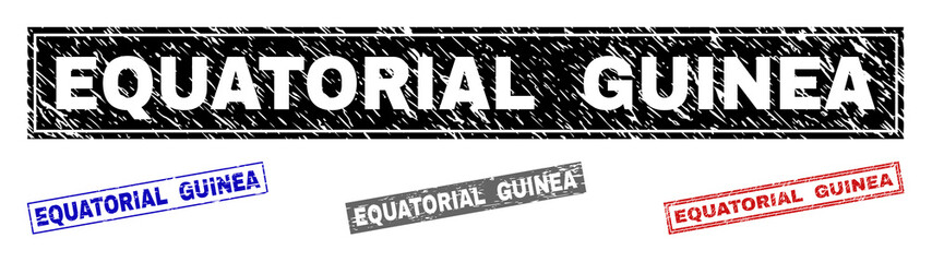 Grunge EQUATORIAL GUINEA rectangle stamp seals isolated on a white background. Rectangular seals with distress texture in red, blue, black and grey colors.