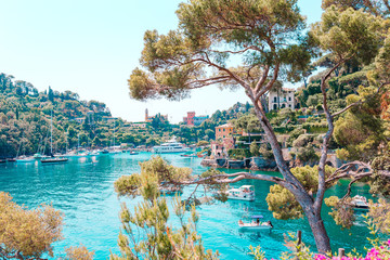 Beautiful sea coast with colorful houses in Portofino, Liguria, Italy. Summer stunning landscape.