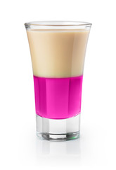 Shot glass of half cream half pink liqueur