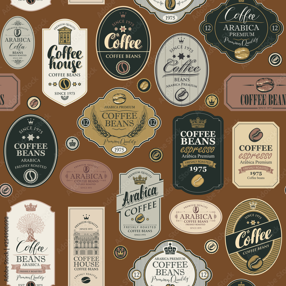 Poster vector seamless pattern on coffee and coffee house theme with various labels in retro style on the b