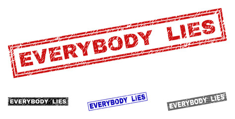 Grunge EVERYBODY LIES rectangle stamp seals isolated on a white background. Rectangular seals with distress texture in red, blue, black and gray colors.