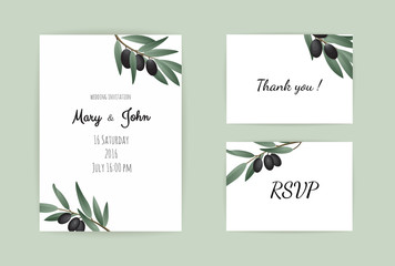 Botanical wedding invitation card template design with Olive branch.