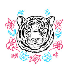 Hand painted head of a tiger and a Lily on white background