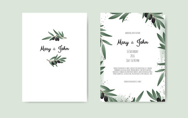 Botanical wedding invitation card template design with Olive branch.