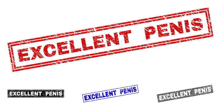 Grunge EXCELLENT PENIS rectangle stamp seals isolated on a white background. Rectangular seals with distress texture in red, blue, black and gray colors.