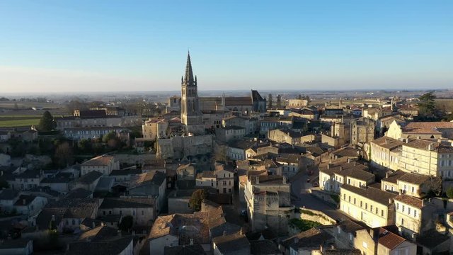 drone flies over the rooftops of Saint-&Eacute;milion and gives a nice view of the historic buildings of this small idyllic town in france