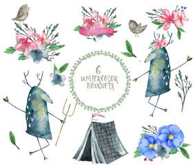 Deer watercolor bounquet design flowers bounquet set bird spring tent Forest animals character frame drawing illustration geometric clip art for birthday party print celebration data white background