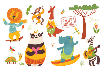 Big set of cartoon wild forest animals.