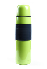 Green metal thermos isolated on white background.