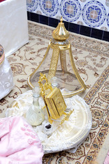 Moroccan Gift Tiffer for Wedding. A gift from the bridegroom to the bride. Consisting of imitation clothing. Jewelry & Perfumes