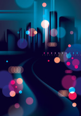 Night city life with street lamps and bokeh blurred lights. Effect vector beautiful background. Blur colorful dark background with cityscape, buildings silhouettes skyline.